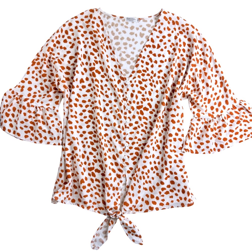 Kancystore Womens Rust Cheetah Print Tie Front Ruffle Bell Sleeve Blouse XL